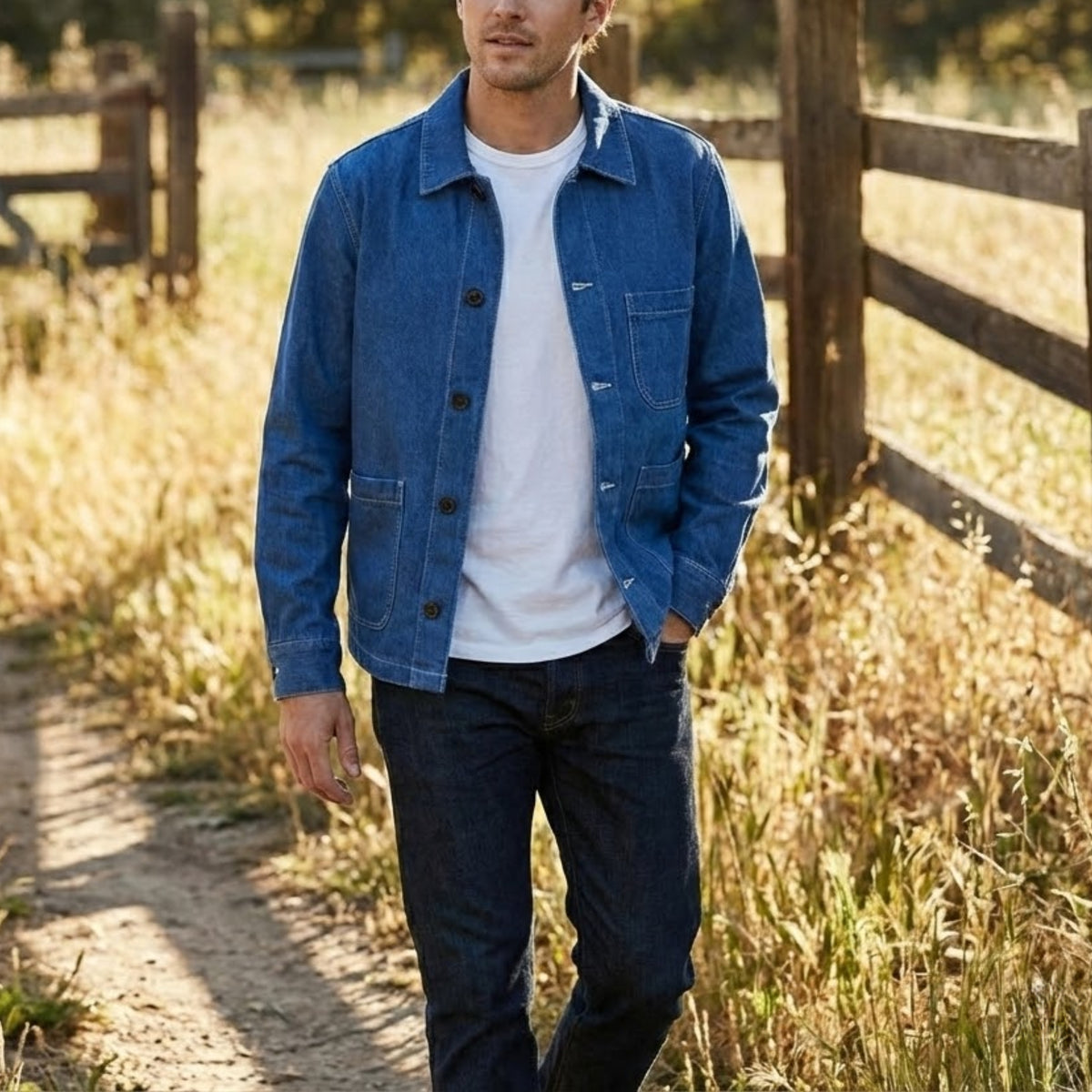 Men's French Blue Denim Chore Jacket - Vintage Style Utility Coat