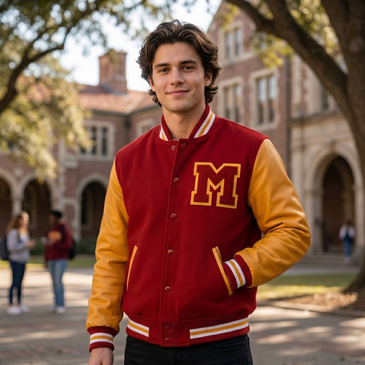 Men's MJ Red & Yellow M Logo Letterman Varsity Jacket