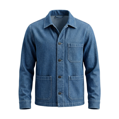 Men's French Blue Denim Chore Jacket - Vintage Style Utility Coat