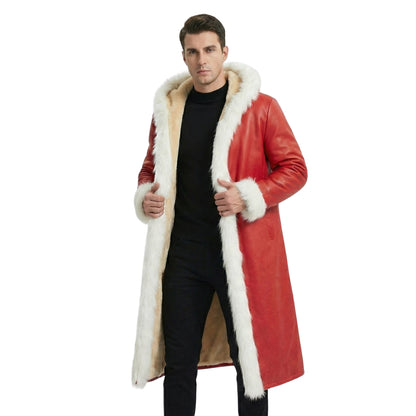 Men's Red Faux Leather Hooded Long Shearling Trench Coat