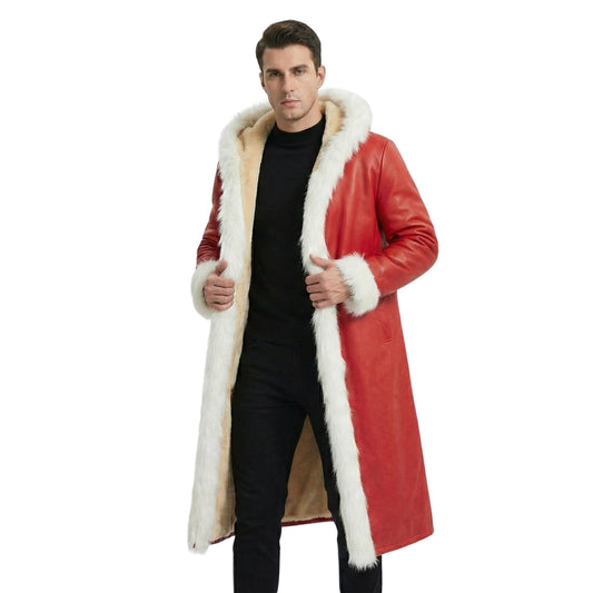 Men's Red Faux Leather Hooded Long Shearling Trench Coat