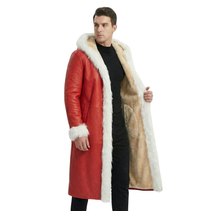 Men's Red Faux Leather Hooded Long Shearling Trench Coat