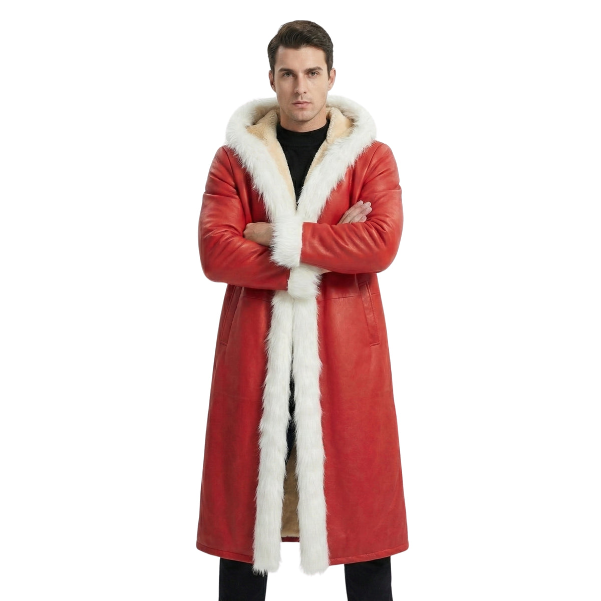Men's Red Faux Leather Hooded Long Shearling Trench Coat