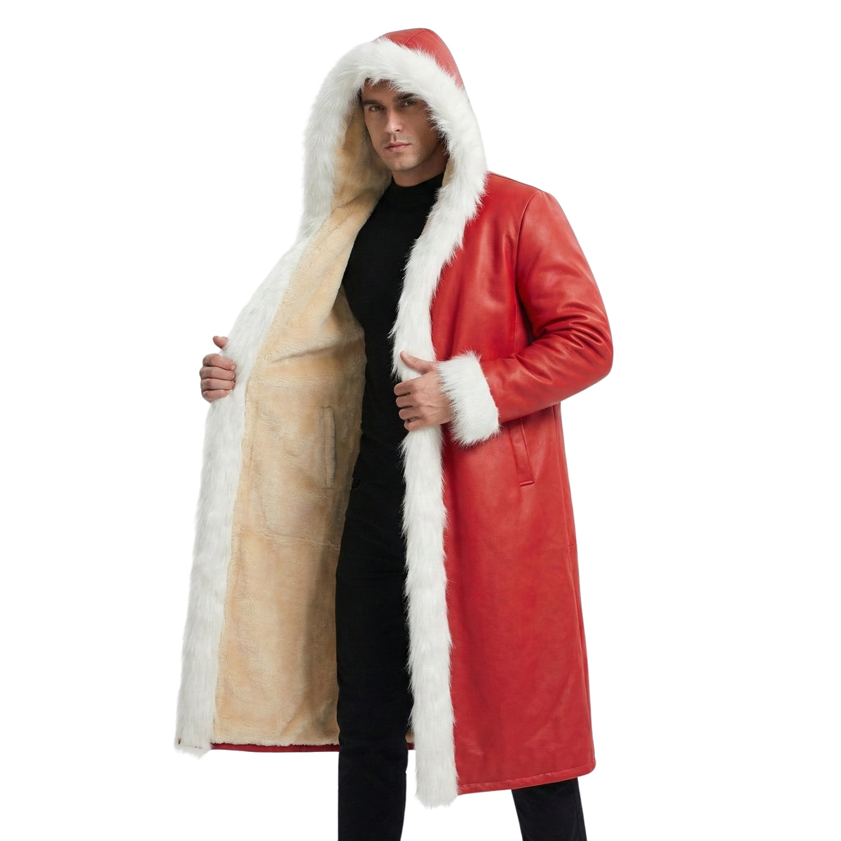 Men's Red Faux Leather Hooded Long Shearling Trench Coat
