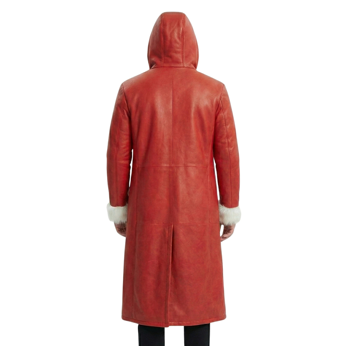 Men's Red Faux Leather Hooded Long Shearling Trench Coat