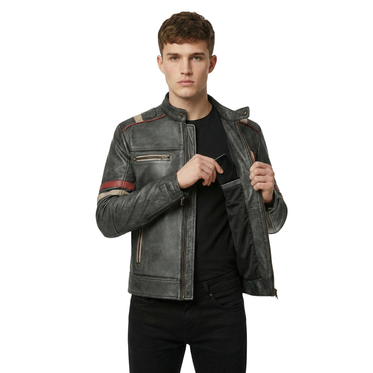 Men's Retro 2 Charcoal Grey Distressed Leather Jacket