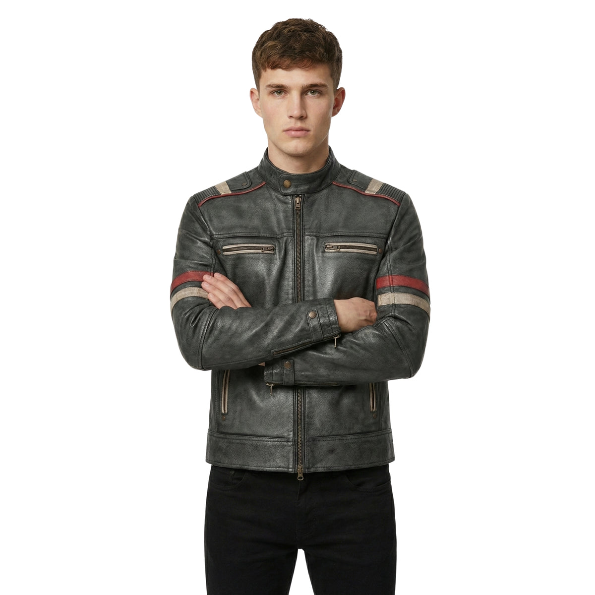 Men's Retro 2 Charcoal Grey Distressed Leather Jacket