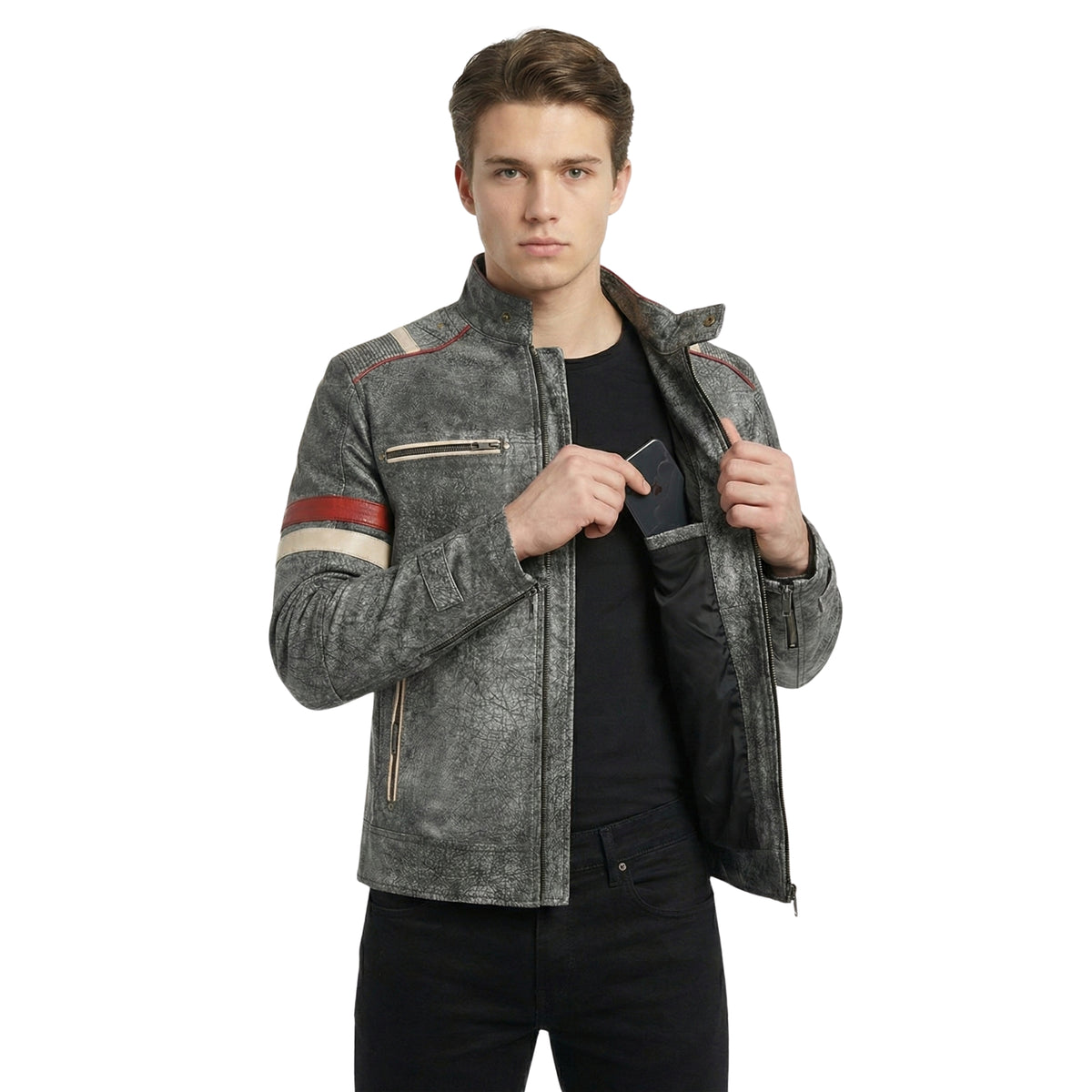 Men's Retro 2 Distressed Grey Leather Cafe Racer Jacket