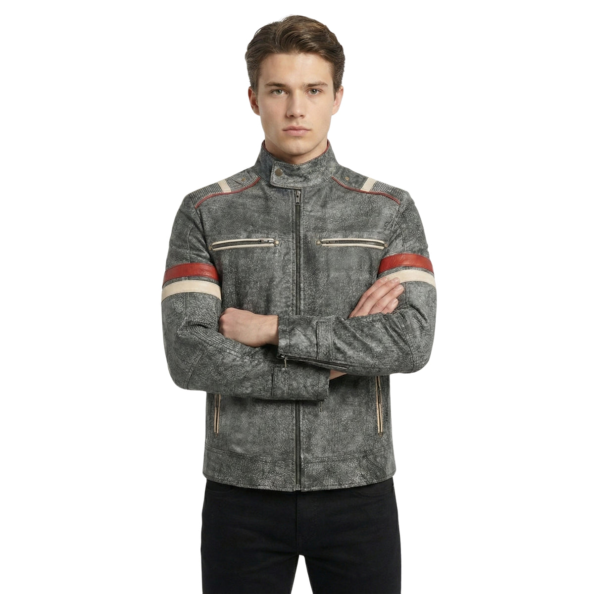 Men's Retro 2 Distressed Grey Leather Cafe Racer Jacket