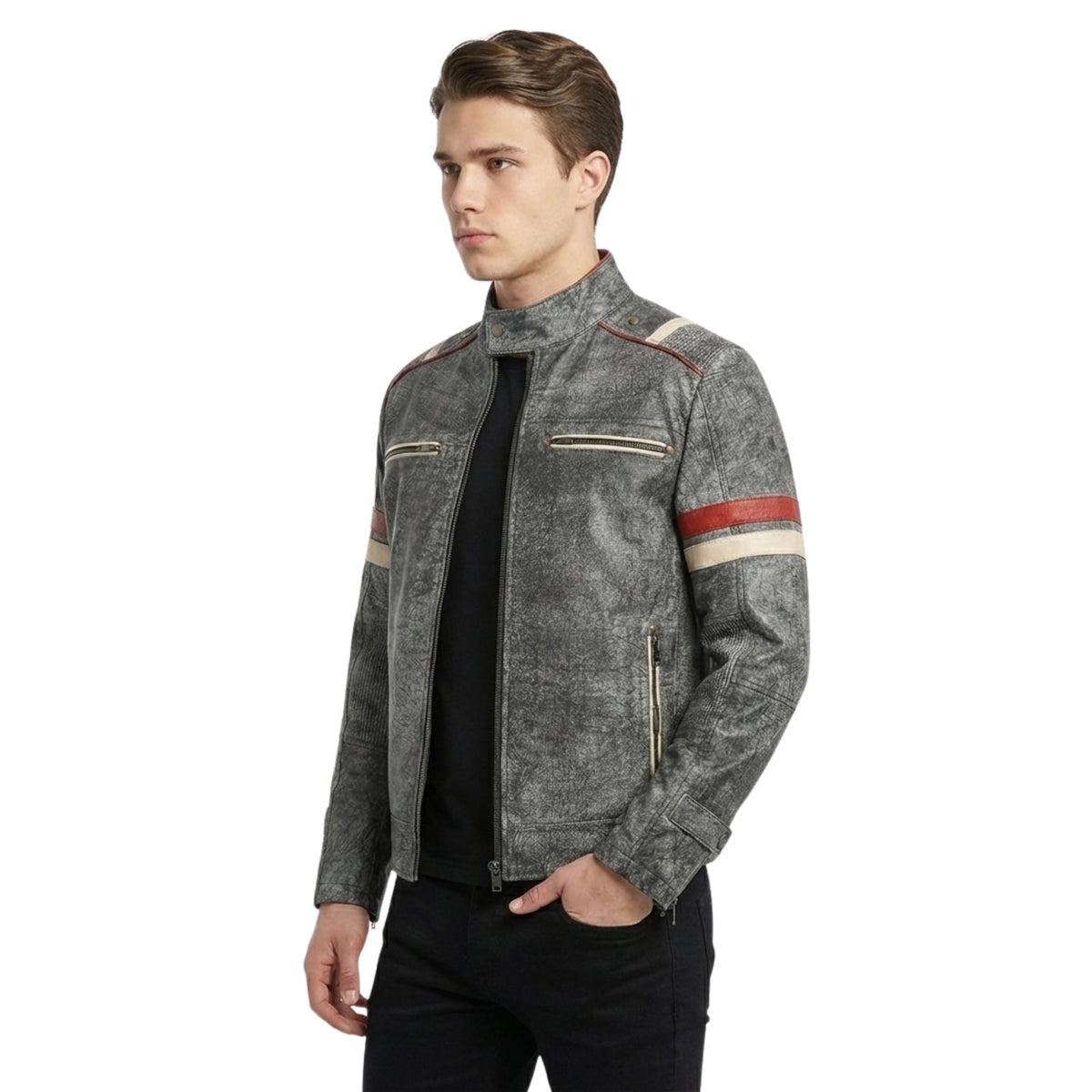Men's Retro 2 Distressed Grey Leather Cafe Racer Jacket