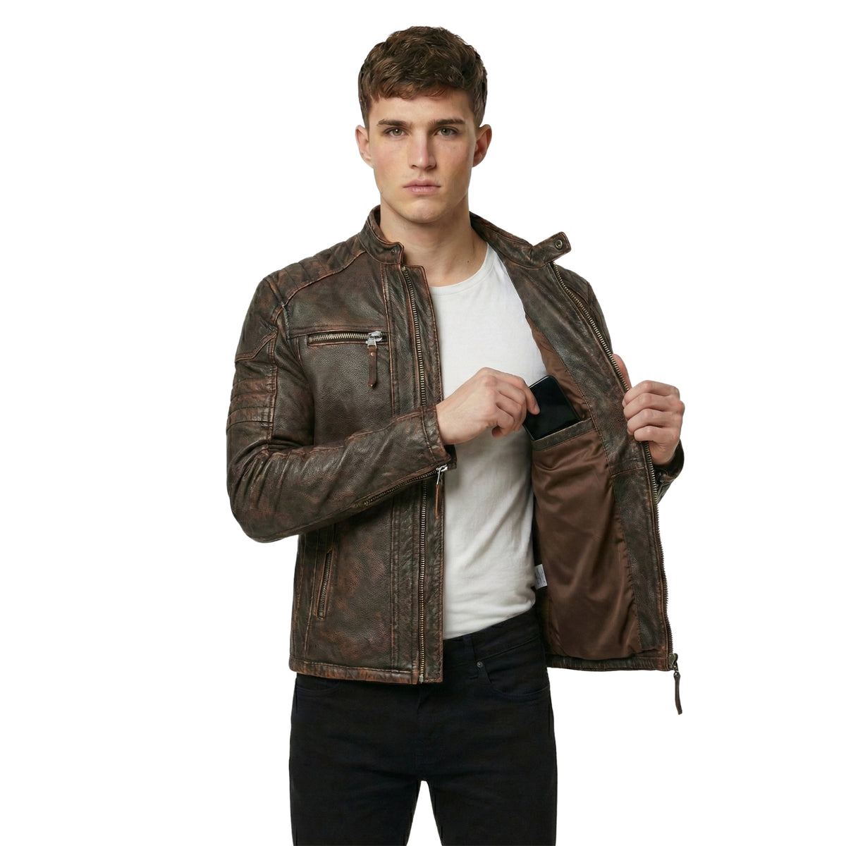 Men's Distressed Brown Genuine Leather Cafe Racer Jacket