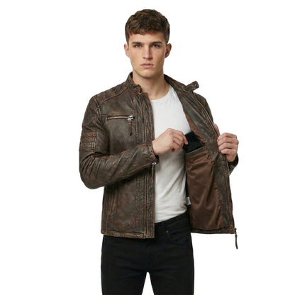 Men's Distressed Brown Genuine Leather Cafe Racer Jacket