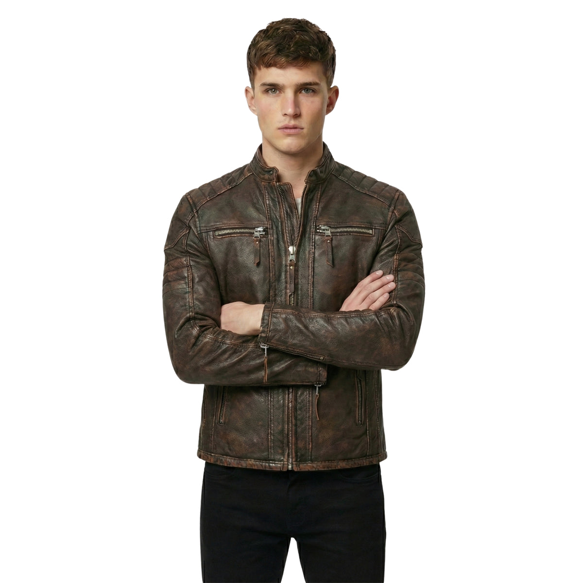 Men's Distressed Brown Genuine Leather Cafe Racer Jacket