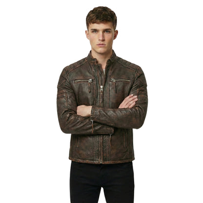 Men's Distressed Brown Genuine Leather Cafe Racer Jacket