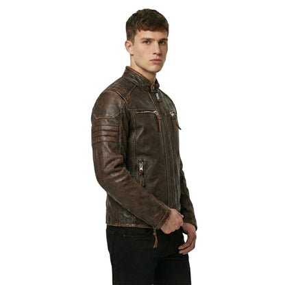 Men's Distressed Brown Genuine Leather Cafe Racer Jacket