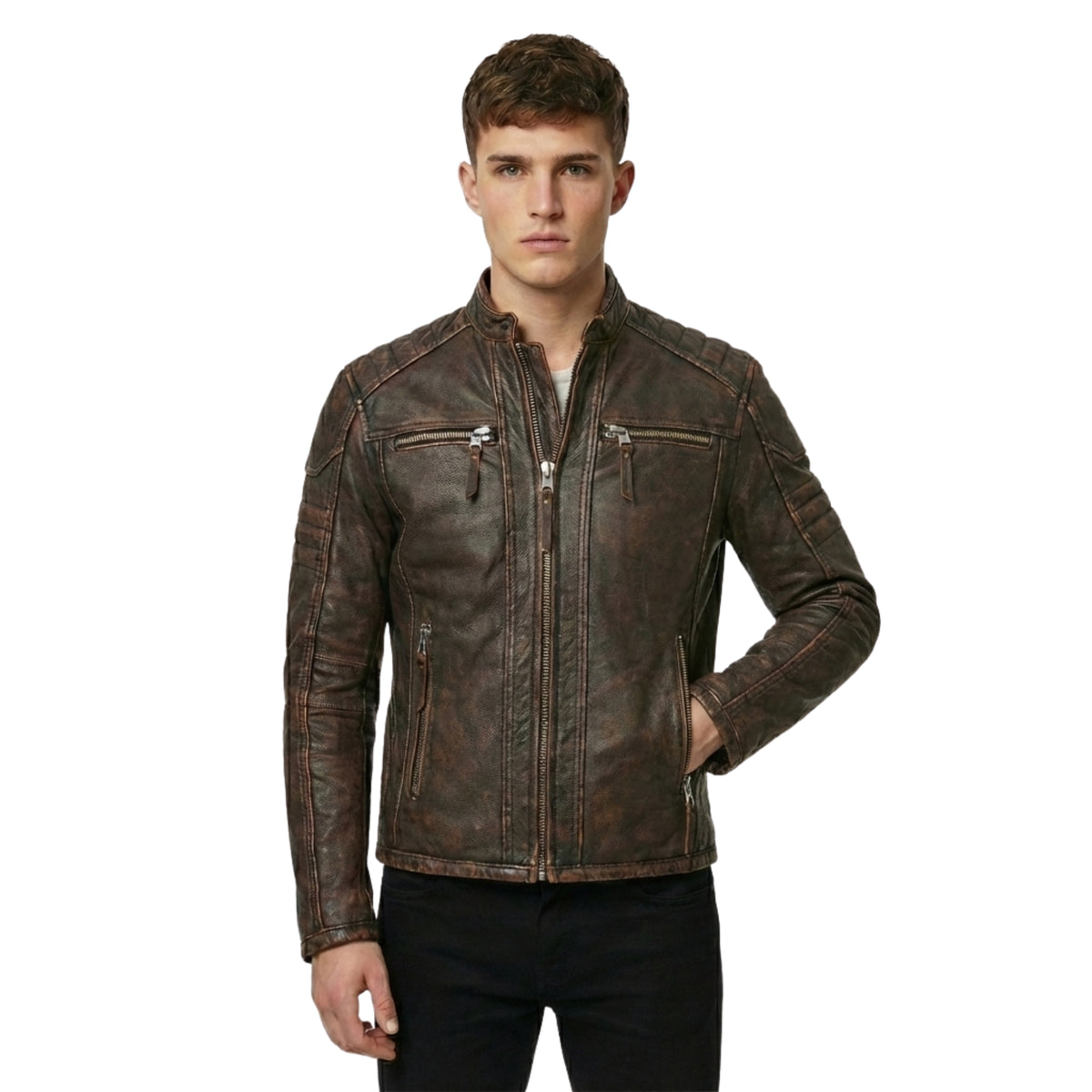 Men's Distressed Brown Genuine Leather Cafe Racer Jacket