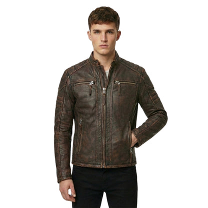 Men's Distressed Brown Genuine Leather Cafe Racer Jacket