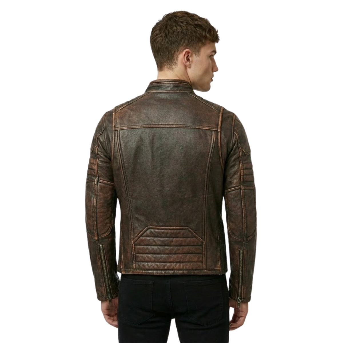 Men's Distressed Brown Genuine Leather Cafe Racer Jacket