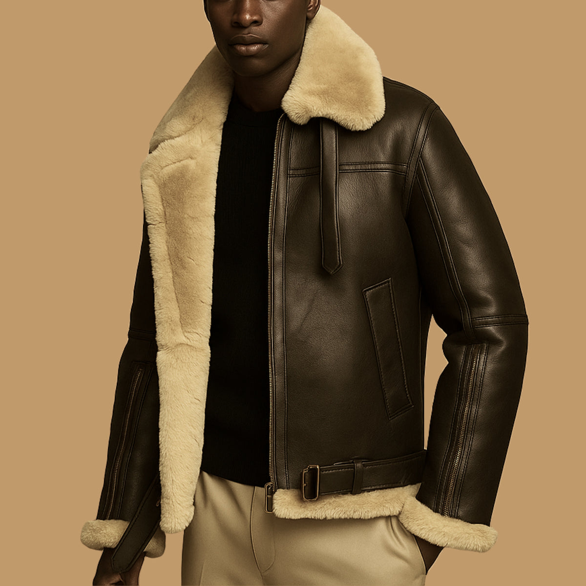 Men's Brown Leather Aviator Faux Shearling B3 Bomber Jacket