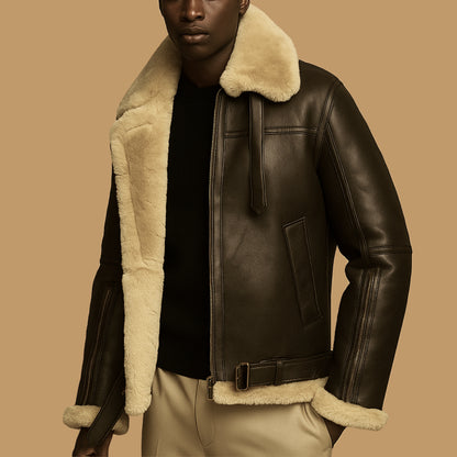 Men's Brown Leather Aviator Faux Shearling B3 Bomber Jacket