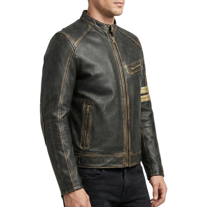 Men's Black Distressed Leather Cafe Racer Motorcycle Jacket