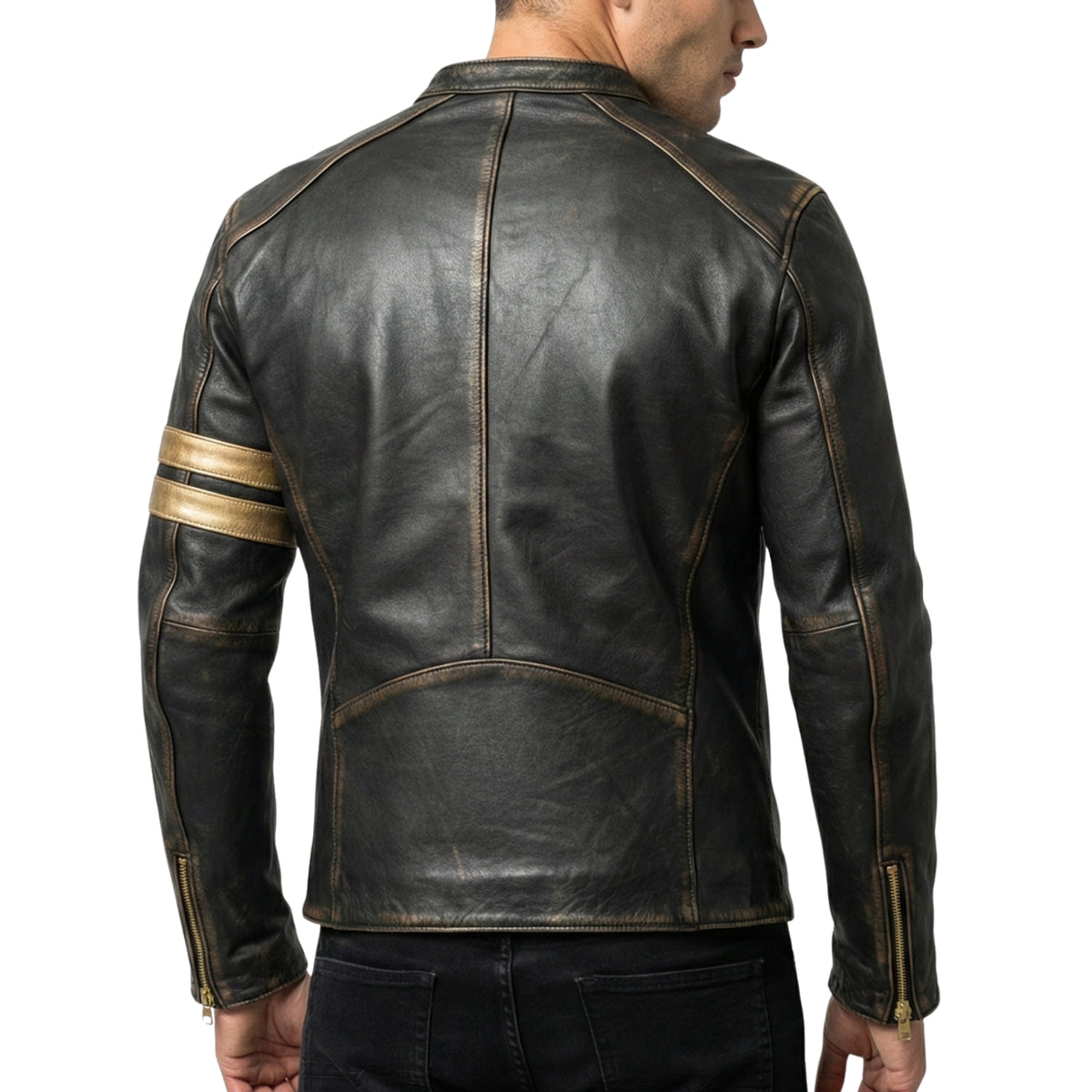 Men's Black Distressed Leather Cafe Racer Motorcycle Jacket
