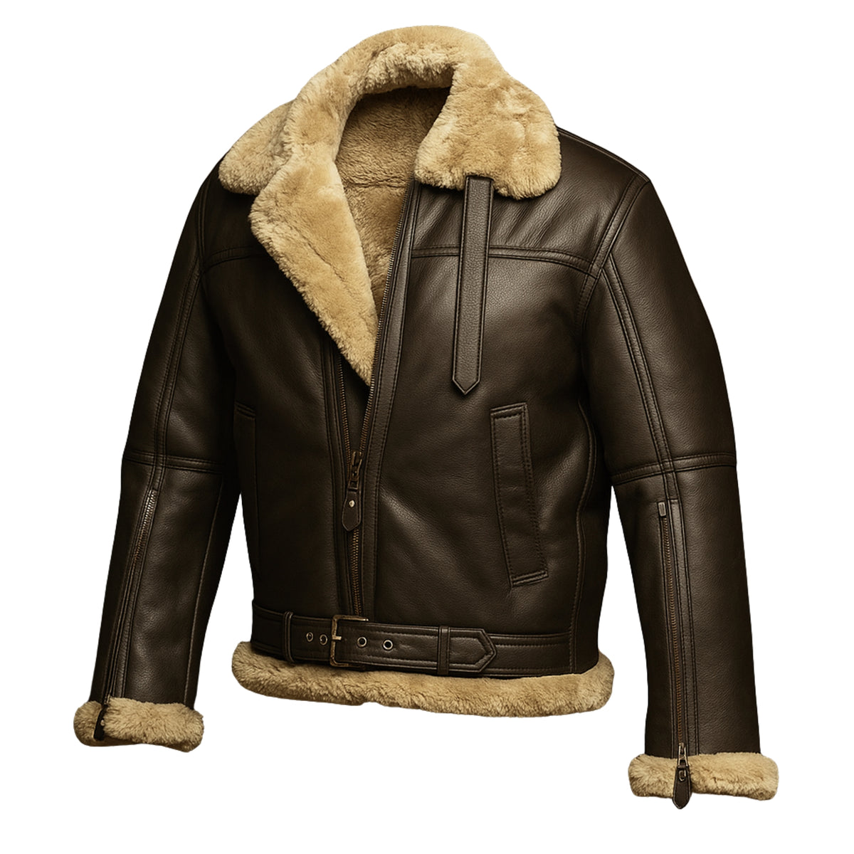 Men's Brown Leather Aviator Faux Shearling B3 Bomber Jacket