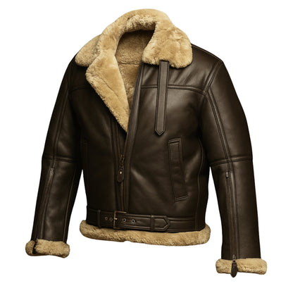 Men's Brown Leather Aviator Faux Shearling B3 Bomber Jacket