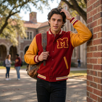 Men's MJ Red & Yellow M Logo Letterman Varsity Jacket