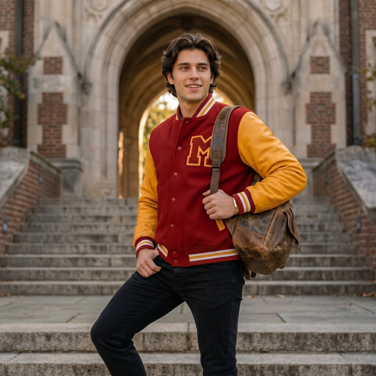 Men's MJ Red & Yellow M Logo Letterman Varsity Jacket