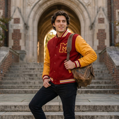 Men's MJ Red & Yellow M Logo Letterman Varsity Jacket