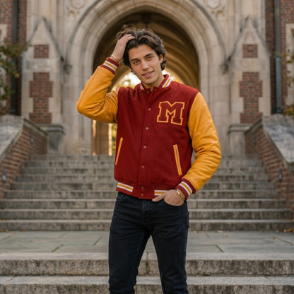Men's MJ Red & Yellow M Logo Letterman Varsity Jacket
