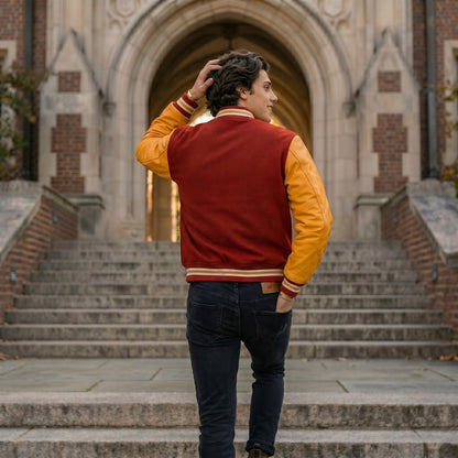 Men's MJ Red & Yellow M Logo Letterman Varsity Jacket