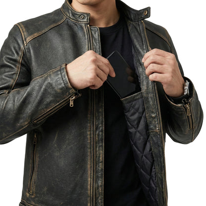 Men's Black Distressed Leather Cafe Racer Motorcycle Jacket