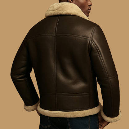 Men's Brown Leather Aviator Faux Shearling B3 Bomber Jacket