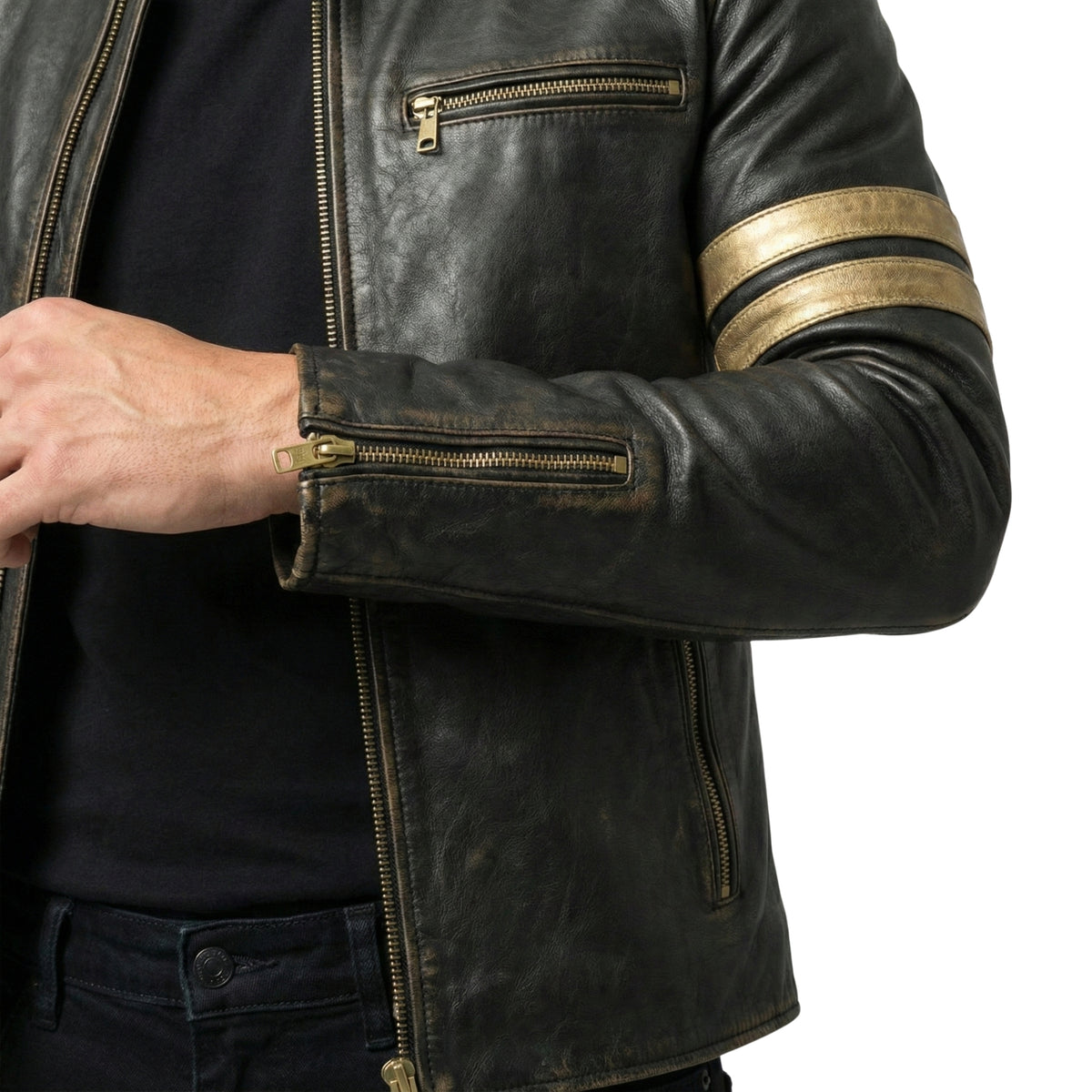 Men's Black Distressed Leather Cafe Racer Motorcycle Jacket