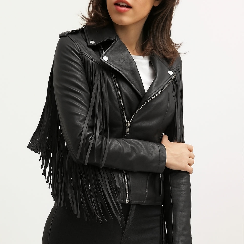 Women's Black Leather Fringe Jacket