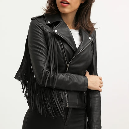 Women's Black Leather Fringe Jacket