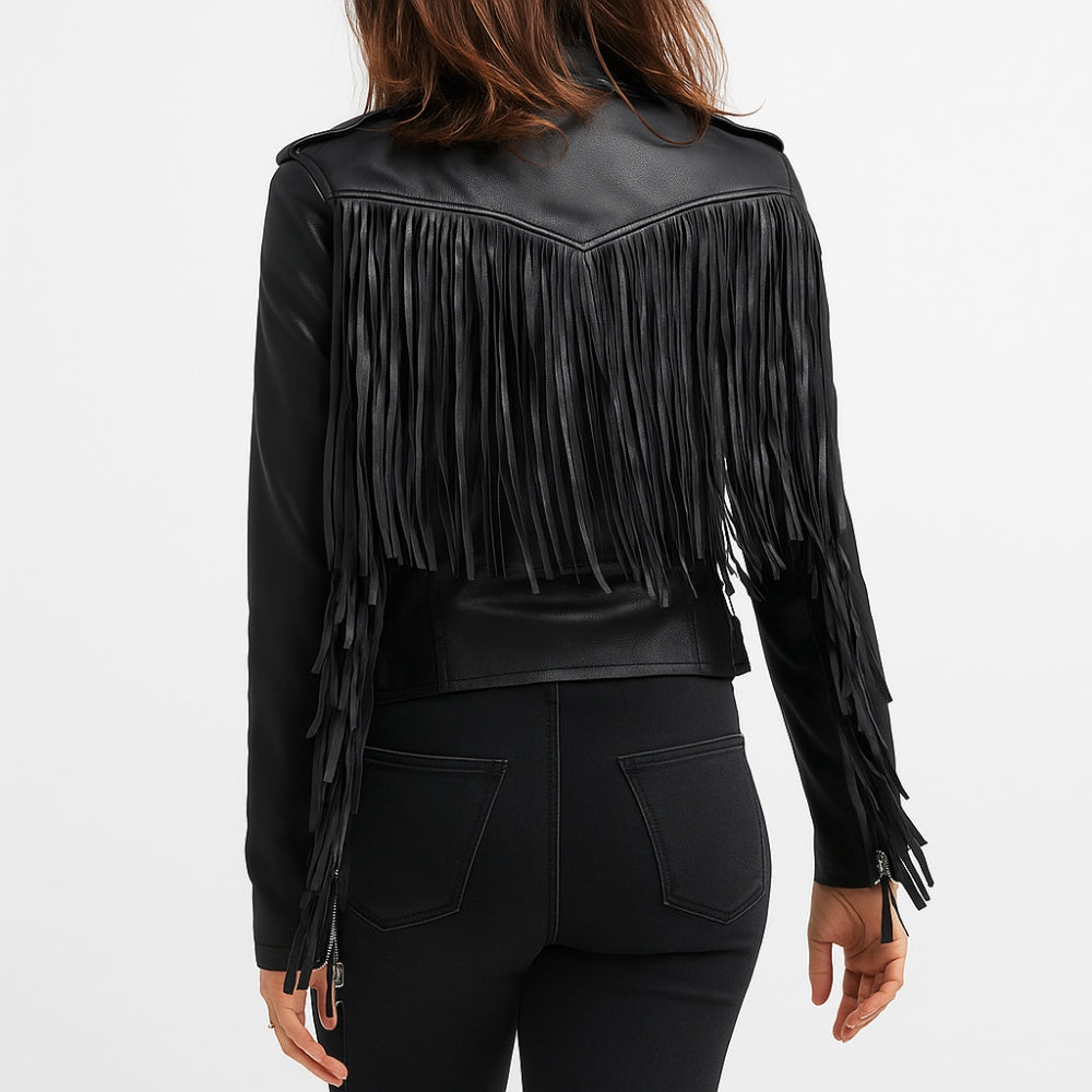 Women's Black Leather Fringe Jacket