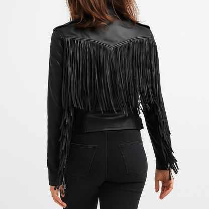 Women's Black Leather Fringe Jacket
