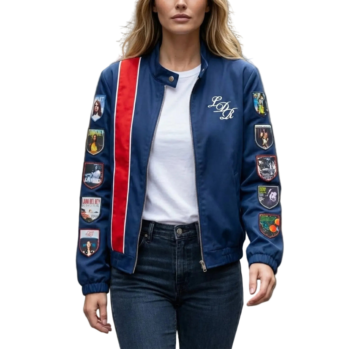 Front View Of Lana Del Rey Blue Cotton Patchwork Lightweight Jacket