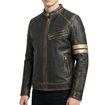 Front View Of Men's Black Distressed Leather Cafe Racer Motorcycle Jacket