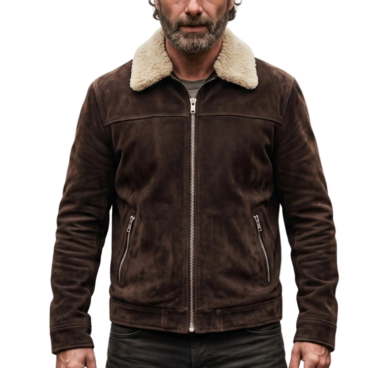 Front View Of Men's Brown Suede Leather Rick Grimes Cosplay Jacket