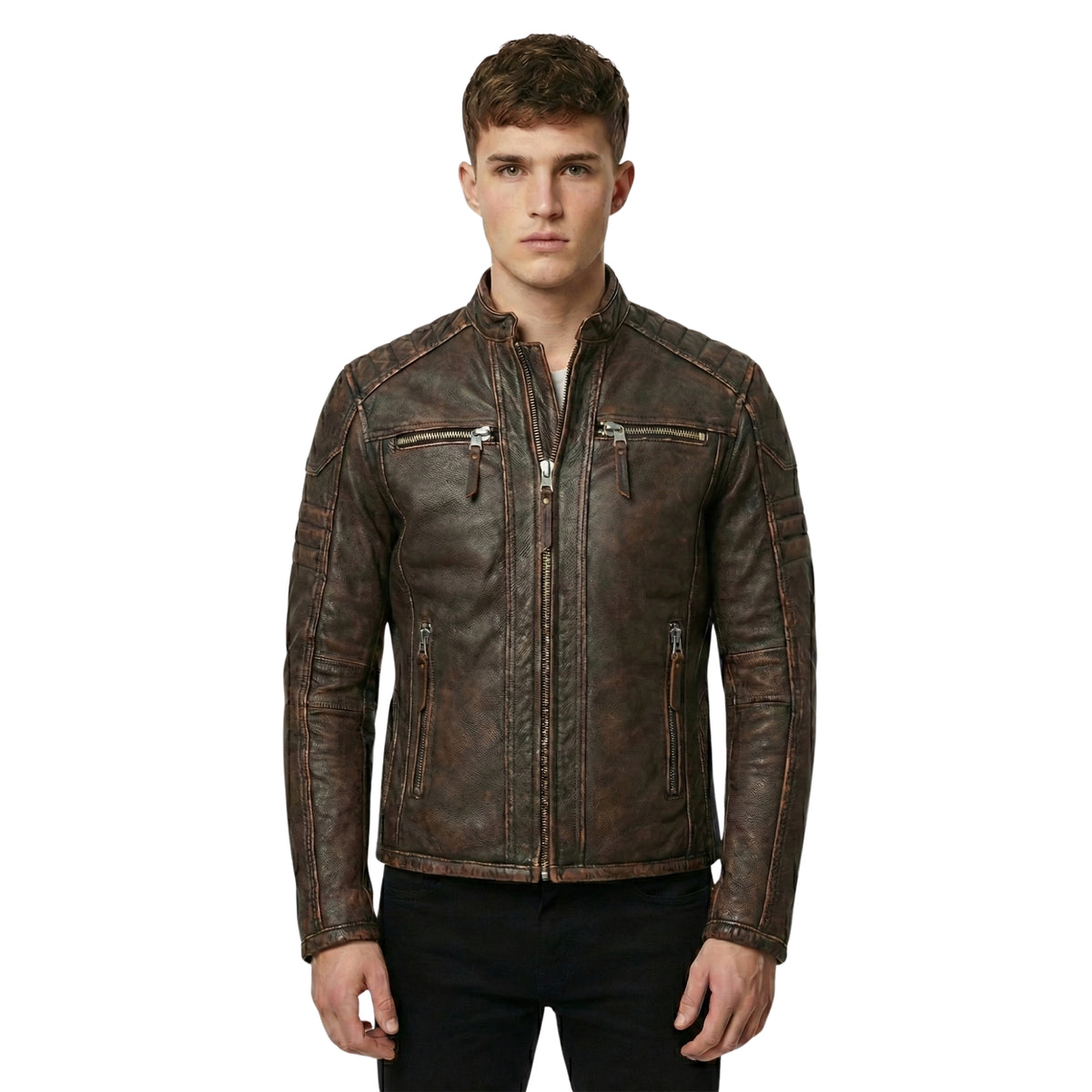 Front View Of Men's Distressed Brown Genuine Leather Cafe Racer Jacket
