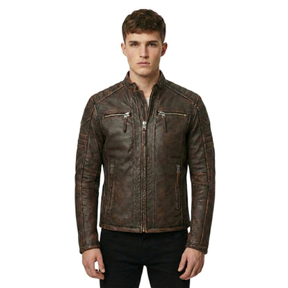 Front View Of Men's Distressed Brown Genuine Leather Cafe Racer Jacket