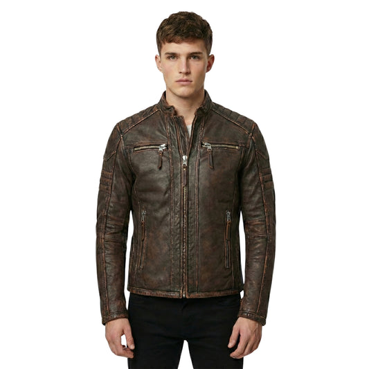Front View Of Men's Distressed Brown Genuine Leather Cafe Racer Jacket