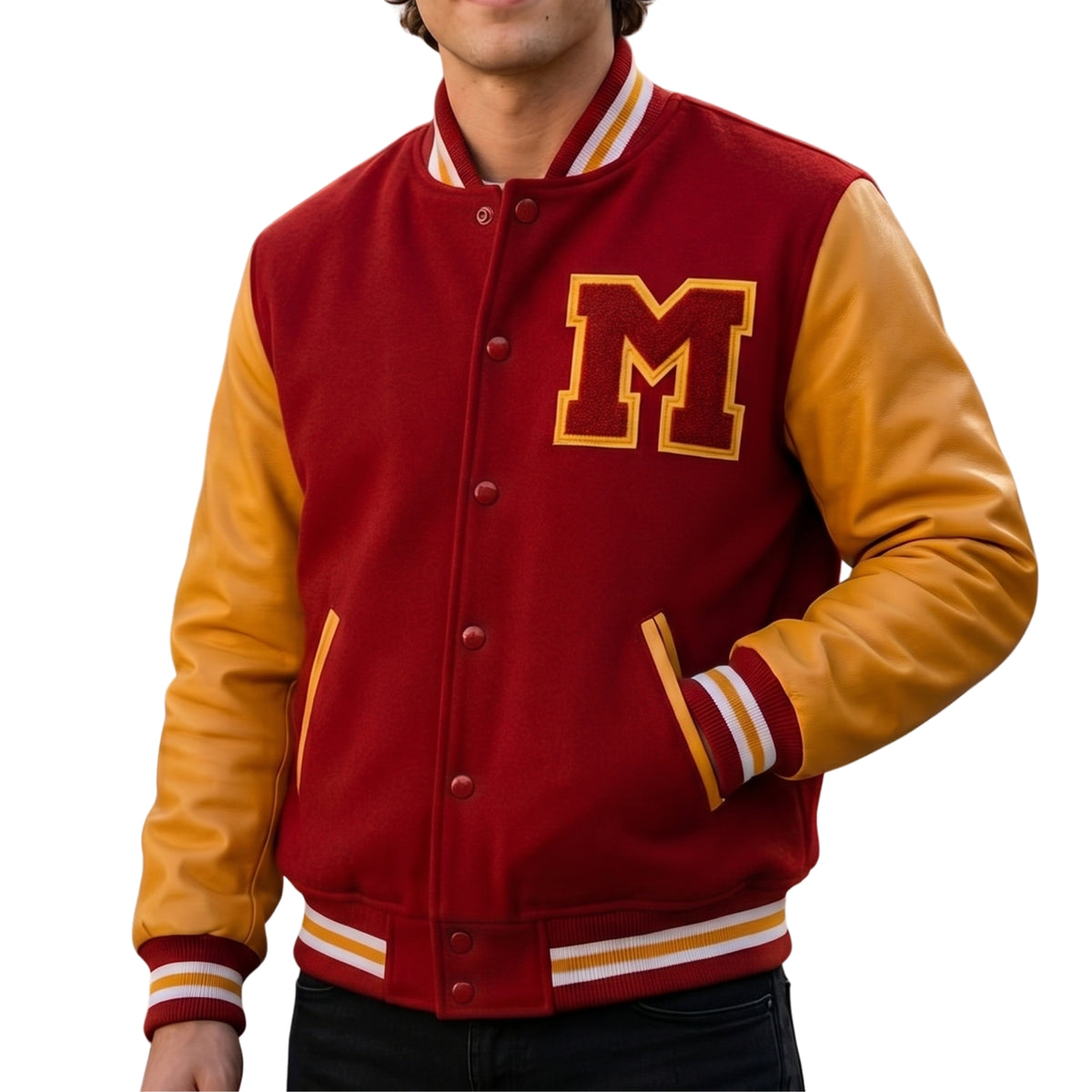 Front View Of Men's MJ Red & Yellow M Logo Letterman Varsity Jacket
