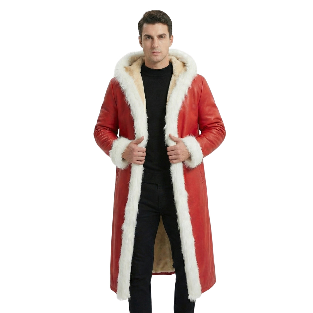 Front View Of Men's Red Faux Leather Hooded Long Shearling Trench Coat