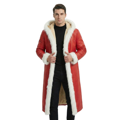 Front View Of Men's Red Faux Leather Hooded Long Shearling Trench Coat