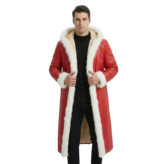 Front View Of Men's Red Faux Leather Hooded Long Shearling Trench Coat